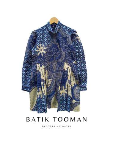 LARASATI NAVY CREAM Plisket Blouse Blus Atasan Batik Wanita Baju Kantor Kerja Bahan Katun Primis Hal