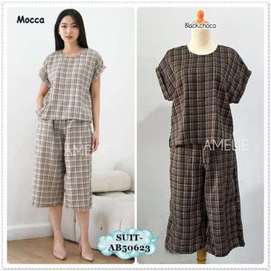 AB50623 Set Setelan Baju Santai Blouse Celana Panjang Midi Kulot Crop Kotak Karet Wanita Korea Impor