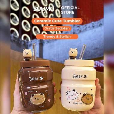 Suumo Tumbler/Mug Keramik Karakter Gelas Teh Kopi Susu 500ml Cokelat