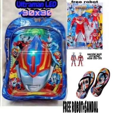 Tas ransel anak sekolah PAUD Ultraman LED EMBOS/ free robot + sandal sn Biru Ultraman 001