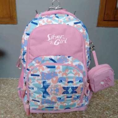 tas ransel anak sekolah cewek silver Girls original alto free dompet dan raincover Pink muda