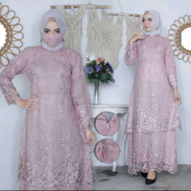 Gamis Brukat Malaysia - Gamis Brukat Tile - Dress Pesta (Free Hijab) - Dusty Pink, XXL M Rose Gold
