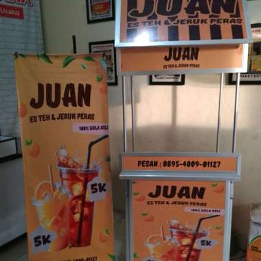 Booth Portable Meja Lipat Gerobak Lipat ukuran 80x50 bahan aluminium dengan atap segitiga dan banner
