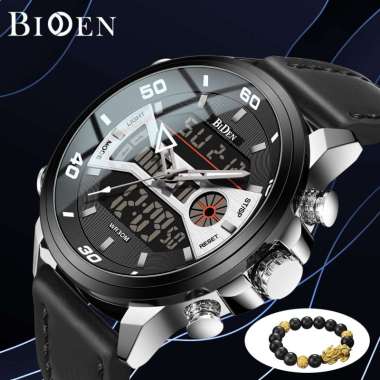BIDEN Jam Tangan Pria Olahraga Anti Air Analog&Digital Tali Kulit Multifungsi Ganda Dial Jam Tangan 