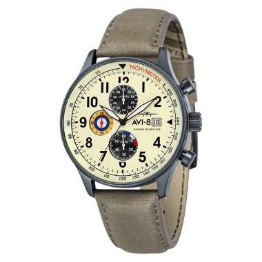 Jam Tangan Pria AVI-8 Man Hawker Hurricane Watch Cream Dial Beige Leather Strap AV-4011-0C