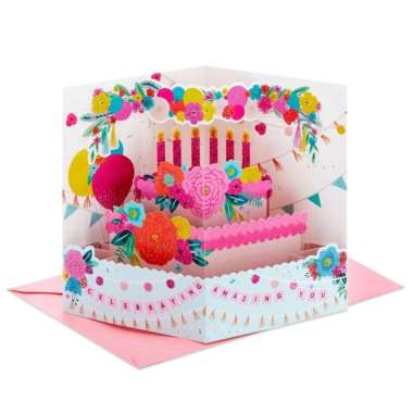 GREETING CARD-HALLMARK- PAPER WONDER- BIRTHDAY- FLOWER CAKE- 3D POP-UP