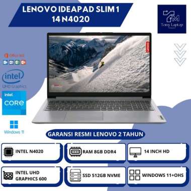 LAPTOP BARU LENOVO IDEAPAD SLIM 1 14 N4020 RAM 8GB DDR4 SSD 256/512GB NVME 14INCH HD GRY - 4WID 512G