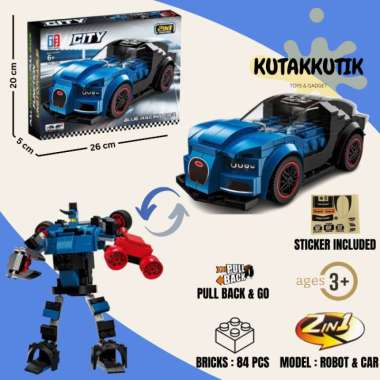 Mainan Edukasi Anak Lego Bricks 2 In 1 Robot Mobil Balap Bugatti Chiron Audi R18 Pull Back Action Bu