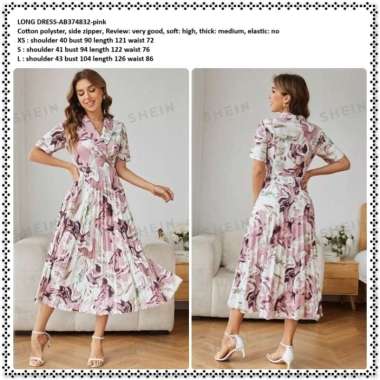 AB374832 Long Dress Midi Gaun Pesta Kerah Blazer Pink Plisket Lipit Pleated Semi Formal Wanita Korea