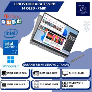 LAPTOP BARU LENOVO IDEAPAD 5 2IN1 14 OLED INTEL CORE 5 120U RAM 16GB DDR5 SSD 512GB NVME 14INCH GRY 