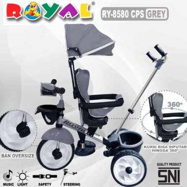 Sepeda Roda Tiga Royal RY-8580 CPS Kursi Putar 360° + Musik Tricycle Anak Abu-abu