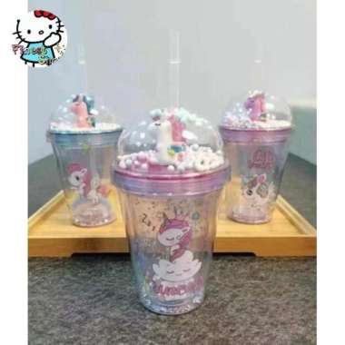 Gelas Unicorn Kaca Plastik Cangkir Sedotan Cup Bubble Rainbow Glass Unicorn Bening