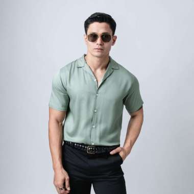 VENGOZ Kemeja Pria Pendek Polos Viscose Cuban Shirt - Light Sage Green L