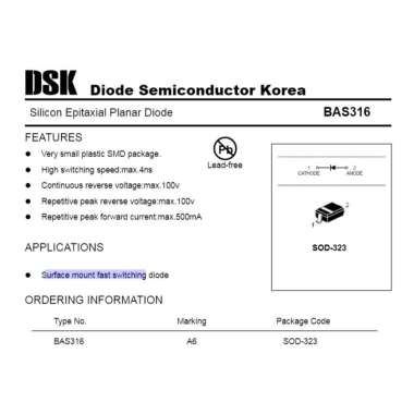 Diode Dioda BAS316 Surface Mount Fast Switching SMD SOD-323 4ns 100V 500mA - Harga per 20pcs