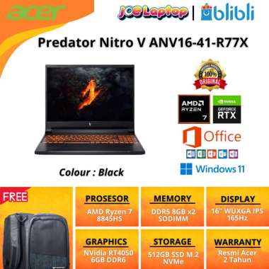 Acer Nitro V 16 ANV16-41 Laptop Gaming Ryzen 7 8845HS RTX 4050 16GB RAM 512GB SSD