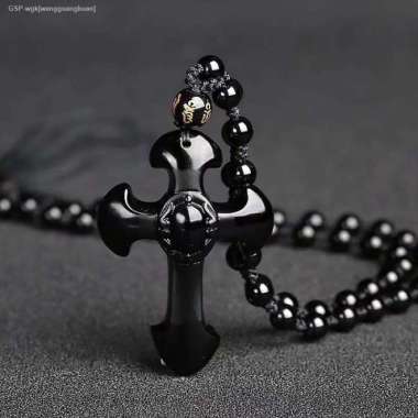 Kalung Salib Liontin Obsidian, Jimat Keberuntungan Kristen Untuk Pria