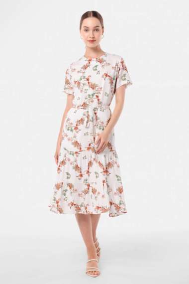 MINIMAL - Tangled - Dress Rayon Motif Bunga - White S White