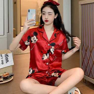 PP37 Baju Piyama Satin Premium Lengan Pendek Baju Tidur Wanita Import MERAH MICKEY