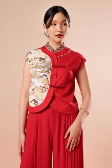 MINIMAL x Melvee - Yihua - Printed Cheongsam Top - Red L Red