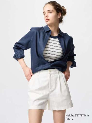UNIQLO Kemeja Premium Linen Wanita Lengan Panjang navy M