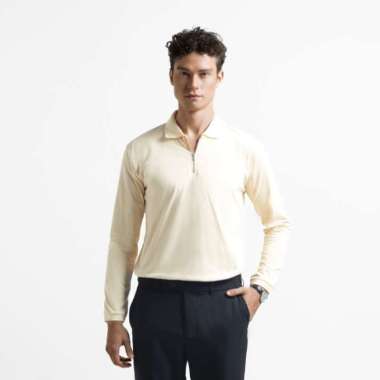 Broodis Kaos Polo Shirt Zipper VERMONT Cream Long Sleeve Kaos Polo Pria Lengan Panjang Vermont Cream