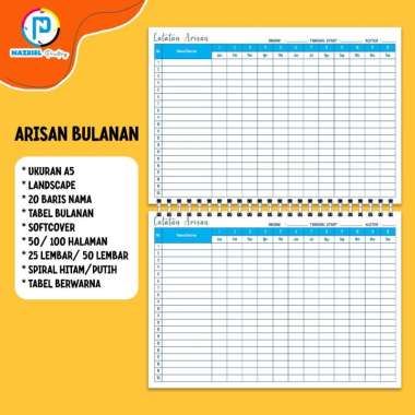 (NON CUSTOM) LANDSCAPE Buku Rekap Arisan Tabel BULANAN Jilid Spiral Tabel Warna A5 BULANAN + 50 LEMB