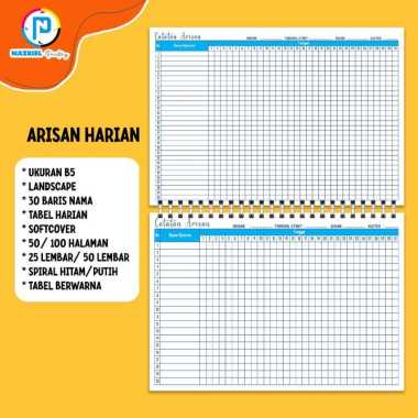 (NON CUSTOM) LANDSCAPE Buku Rekap Arisan Tabel BULANAN Jilid Spiral Tabel Warna B5 HARIAN + 25 LEMBA
