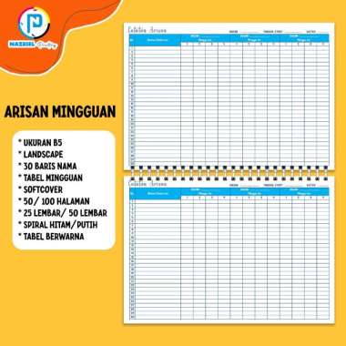 (NON CUSTOM) LANDSCAPE Buku Rekap Arisan Tabel BULANAN Jilid Spiral Tabel Warna B5 MINGGUAN + 25 LEM