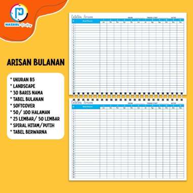 (NON CUSTOM) LANDSCAPE Buku Rekap Arisan Tabel BULANAN Jilid Spiral Tabel Warna B5 BULANAN + 50 LEMB