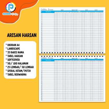 (NON CUSTOM) LANDSCAPE Buku Rekap Arisan Tabel BULANAN Jilid Spiral Tabel Warna A4 HARIAN + 50 LEMBA