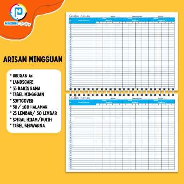 (NON CUSTOM) LANDSCAPE Buku Rekap Arisan Tabel BULANAN Jilid Spiral Tabel Warna A4 MINGGUAN + 25 LEM