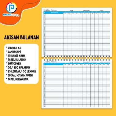 (NON CUSTOM) LANDSCAPE Buku Rekap Arisan Tabel BULANAN Jilid Spiral Tabel Warna A4 BULANAN + 25 LEMB