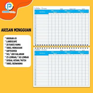 (NON CUSTOM) LANDSCAPE Buku Rekap Arisan Tabel BULANAN Jilid Spiral Tabel Warna A5 MINGGUAN + 50 LEM