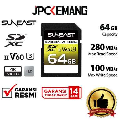 JPC KEMANG Suneast SDXC 64GB 280MB/s UHS-II V60 Series Memory Card SDHC 64 GB SE-SDU2064GC280 GARANS