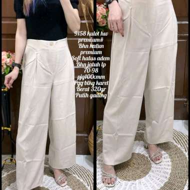 9158 Celana Panjang Kulot HighWaist Katun Premium Wanita Korean Style putih gading