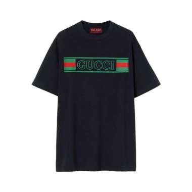 Gucci Web Banner Print Cotton Jersey T-Shirt Navy L Blue