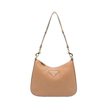 [12.12 Dealcember] Prada Leather Hobo Bag with Nylon Logo Strap Caramel Brown Nude