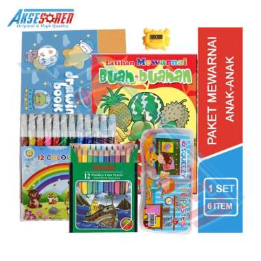 Aksesoren Paket Mewarnai Anak [6 Item/1 Set] / Perlengkapan Sekolah / Buku Gambar Mewarnai / Crayon 