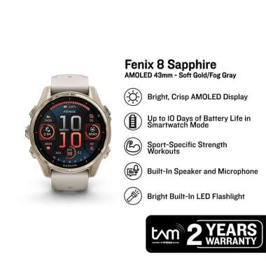 Jam Tangan Pria Garmin Fenix 8 43 010-02903-18 Smartwatch Sapphire Amoled Soft Gold with Fog Sandsto
