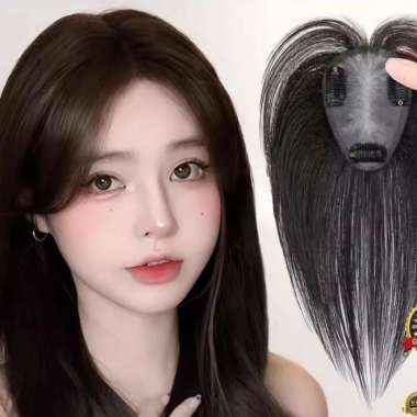 WIG TOUPEE RAMBUT ASLI HUMAN HAIR REAL WIG PENUTUP UBAN RAMBUT TIPIS PREMIUM - Coklat Tua, Poni Pend