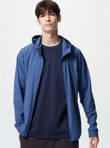 UNIQLO Jaket Hoodie pria DRY-EX Ultra Stretch UV Protection Full Zip Lengan Panjang blue XL