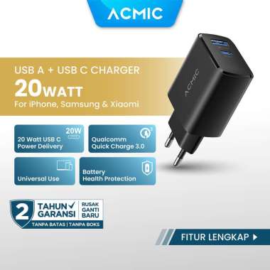 ACMIC CPD20PRO 20W Dual port USB Type C + USB QC 3.0 Kepala Charger Fast Charging 20 Watt for iPhone Samsung Xiaomi Huawei Oppo VOOC (Adaptor Ori)