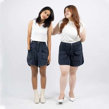 JIBI - Denim Pocket Shorts - Celana Pendek Jeans - Cargo Shorts - Snowblack M