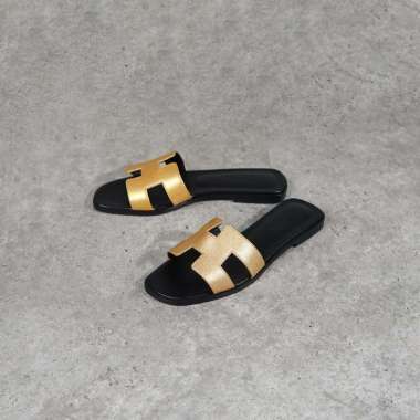 Sandal HERMES ORAN METALLIC GOLD BLACK SANDAL 100% ORIGINAL EU ​- 38