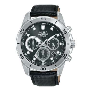 Jam Tangan Pria Alba Active AZ5019X1 Men Solar Chronograph Black Dial Black Leather Strap