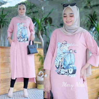 JESLA FASHION MERY MIDI DRESS BAHAN KAOS KATUN COMBED 24s APLIKASI SABLON MIDI DRESS MUSLIM MIDI DRE