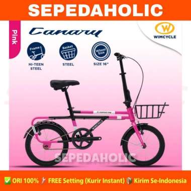 Sepeda Lipat WIMCYCLE CANARY Ukuran 16 Inch Keranjang Boncengan Single Speed Pink