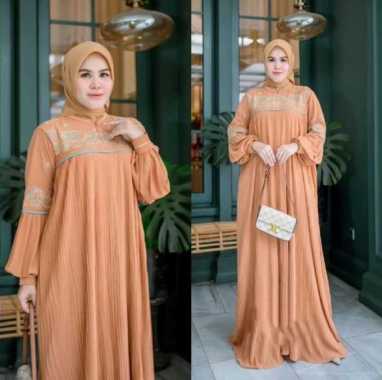 Dress Plisket - Aqilla Dress Plisket - Gamis Wanita Muslim Bordir Arab MOCCA