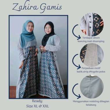 Zahira gamis batik kombinasi toyobo polos dan motif strip XXL