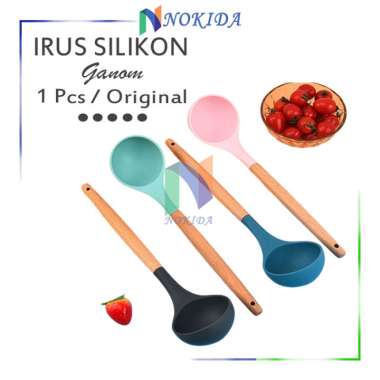 Nokida Irus Kuah Ganom / Centong Silikon Gagang Kayu / Peralatan Dapur / Alat Masak Silikon